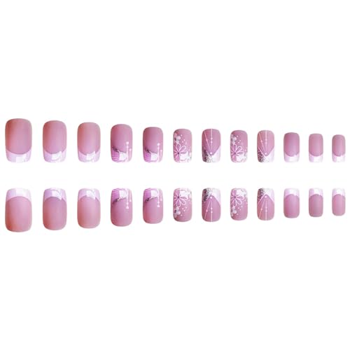 24Pcs Pink French Tip Press on Nails Short Square Fake Nails Spring Cherry Blossoms with Line Design Nude Pink False Nails Stick on Nails Full Cover Artificial Glue on Nails for Women DIY Manicure