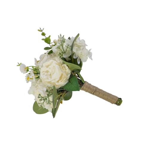 9in Artificial Bridal Bouquet - White Roses Fake Flowers with Eucalyptus/Daisy ，Wedding Photography Props, Bridesmaid Bouquet，Realistic Silk Material (Set of 2 Bridesmaid Bouquets)