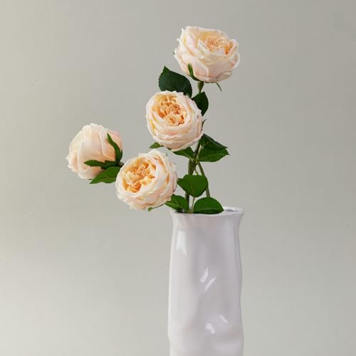 WILD WORKS Artificial Austin Roses, 4 Pcs Real Touch Fake Flowers with Moist Fabric Petals, 17.7 Inch for Mother's Day Wedding Home Decor (Champagne) - color: Champagne 4pcs