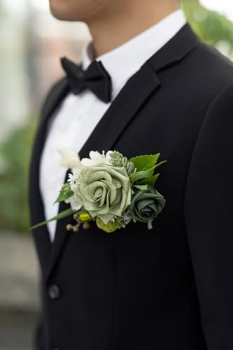 Ling's moment Pocket Boutonniere Single, Boutonniere for Men Groom for Wedding, Prom, Homecoming, Anniversary, Graduation, etc.Green Beige, 6" W x 5" H - color: Grn-green & Beige, size: 6" W x 5" H