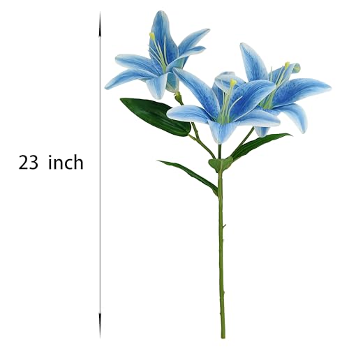 Blue Lily Artificial Flowers,6 Pcs Flowers,23 Inch Long Stem Tiger Lilies Branch with 3 Full Blooms and 4 Leaves, Latex Real Touch Lilium Flower for Wedding Bouquet - color: Blue