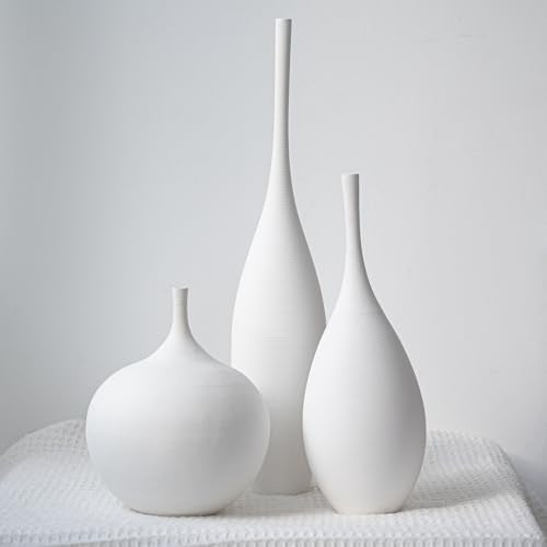 Relexome White Ceramic Vase Modern Boho Wabi-Sabi Flower Vase Set of 3 Decorative Aesthetic Vases for Centerpieces Pampas Matte Minimalist Vases for Living Room Table Shelf Home Decor Gift - color: White