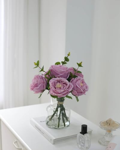 CHASMILE Artificial Flowers with Pinkish-Purple Peonies in Vase, Fix Lifelike Fake Flowers in a Vase with Artificial Water, Faux Flower Arrangements for Dining Table Centerpiece Decor - color: Purple Artificial Peonies Flowers With Vase