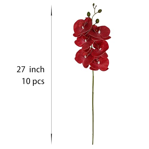 ATFL 10 Pack Red Orchid Artificial Flowers Real Touch, 27'' Artificial Fake Faux Silk Orchid Stem Bouquets for Wedding Party Home Garden Decor,Orquideas Artificiales para Decora (excluding the vase) - color: Red