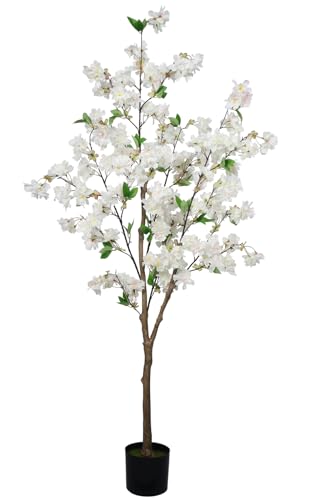 5FT Artificial Cherry Blossom Tree, Faux Sakura Tree in Nursery Pot, Realistic Fake Flower Tree for Indoor Home Decor, Artificial Floor Plant for Living Room, Entryway, Office, Wedding Decoration - color: White, size: 5ft