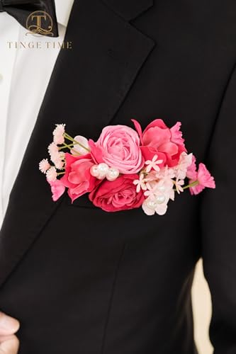 TINGE TIME Boutonniere for Men Wedding Elegant Hot Pink Groom & Best Man Pocket Flower for Wedding, Prom, Homecoming, Anniversary, Graduation, Christmas Dinner - color: Hotpink