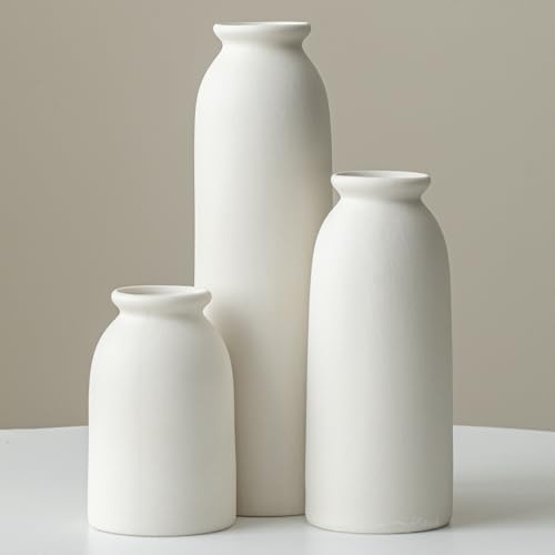 Ceramic Vase Set-3, Small Flower Vases for Decor, Modern Boho Farmhouse Style, 10.3 Inch Tall, Bisque White Color, Decorative Vases for Pampas Grass, Dried Flowers and Fresh Flowers (L Natural White) - color: L Natural White