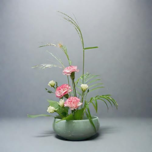 Water Lotus Bowl Planter Kit - Japanese Compote Bowl Ikebana Vase Set w/ 1.8" Floral Frog- Ideal for Ikebana, Flower Arrangement & Hydroponic Planting (Ice Crackle Celadon) - color: Crackle Celadon