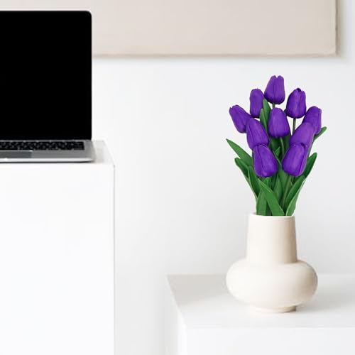 10 Pcs Faux Tulips Artificial Flowers with Stems, 13 Inch Artificial Tulips Flower Realistic for Wedding Bouquet, Table Centerpiece, Birthday Party (Purple) - color: Purple