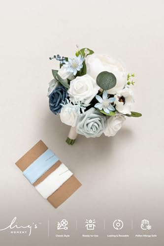 Ling's moment Dusty Blue Artificial Wedding Flower Bouquets for Bridesmaids White Floral Bouquet Light Blue Bridal Bouquets for Bridesmaids with Ribbon Ceremony Anniversary,7-inch Diameter - color: Blu-dusty Blue & Navy