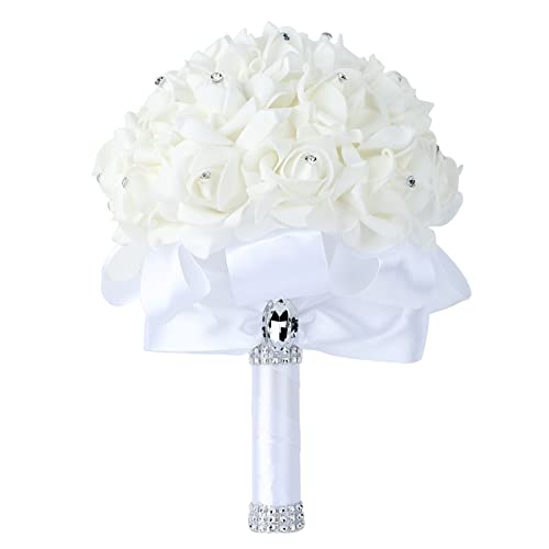 Wedding Bouquet Crystal Roses Bridesmaid Bouquet, Bridal Bouquet Artificial Flowers for Wedding, Party and Church (White) - color: White-