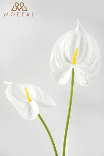 Real Touch Anthurium Artificial Flowers, 8pcs White Faux Tropical Flowers with Stems for Modern Wedding Bouquets, Elegant Centerpieces & Chic Party Decoration - color: White