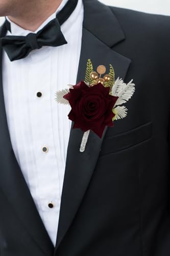 2PCS Burgundy Corsage and Boutonniere Set, Rose Wrist Corsage for Brides Corsage Wristlet for Prom Decor, Groom Boutonniere Set for Men Wedding Anniversary Flowers Party Suit Decoration (Red) - color: Burgundy