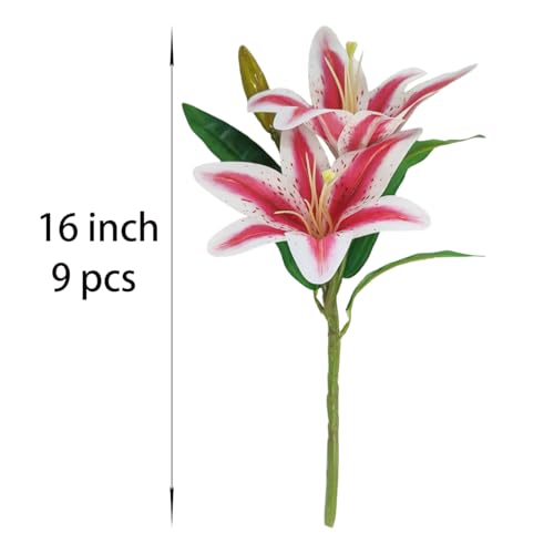 ATFL Artificial Lilies Flowers,9 Pcs Faux Lily Flowers,16''Tiger Lily Branches with 2 Full Blooms and 1 Bud,Faux Fake Lilies Plants for Wedding Bouquet Floral Arrangements (9, Pink) - color: Pink