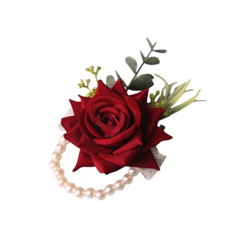 Wine Red Wrist Corsage for Wedding Anniversary Homecoming Prom Artificial Rose Flowers Wristlet Band Bracelet for Women Girl Mother Bride Bridesmaid - color: Burgundy Corsage