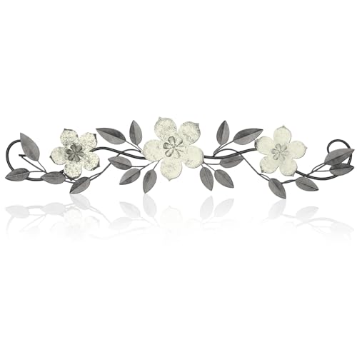 Wesiti Metal Flower Wall Decor Vintage Metal Flower Wrought Iron Scroll Sculpture 15.7''x3.7'' Not 3D, Flat Farmhouse Leaf Wall Decor with Nails for Summer Bedroom Kitchen Indoor Outdoor(White) - color: White