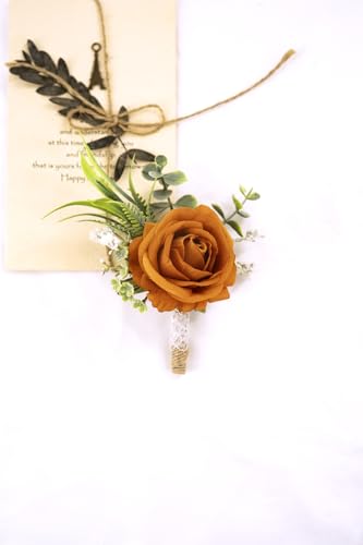 Ansofi Burnt Orange Corsage and Boutonniere Set Artificial Rose Flower Wrist Corsage and Boutineers for Groom Groomsmen Bride Bridesmaids Prom Rustic Vintage Wedding Decor - color: Burnt Orange