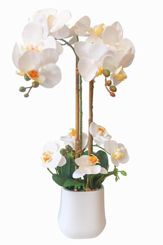 Fake Orchid Faux Flowers 18.9In Tall White Orchid Artificial Flowers Plants Home Office Decor 17 Heads Realistic Potted Orchids Faux Flowers in Ceramic Pot for Table Centerpieces Arrangements - color: White