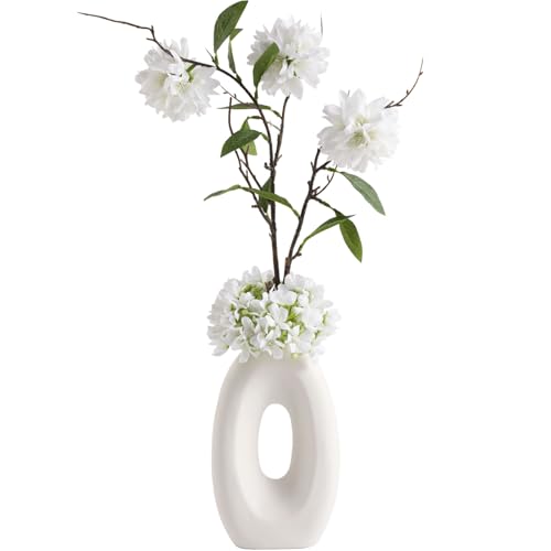 Joeabor Fake Flower Bouquet and Vase Set, Faux Flower Arrangement for Decorating Living Room and Offices, Realistic Artificial Flowers Made of Silk & Plastic, Floral Decoration with White Blossoms - color: White