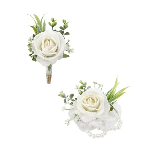 Ansofi Ivory White Corsage and Boutonniere Set Artificial Rose Flower Wrist Corsage and Boutineers for Groom Groomsmen Bride Bridesmaids Prom Rustic Vintage Wedding Decor - color: Ivory White