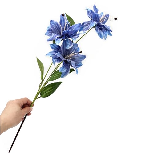 Fake Lily Flower Stargazer Lily Artificial Flowers Decoration, Long Stems Vintage Real Touch Faux Silk Lilies Bouquet for Spring Indoor Home Office Wedding Party Centerpiece Arrangement - Blue 4 Pack - color: Lily Flowers - Blue 4 Pcs