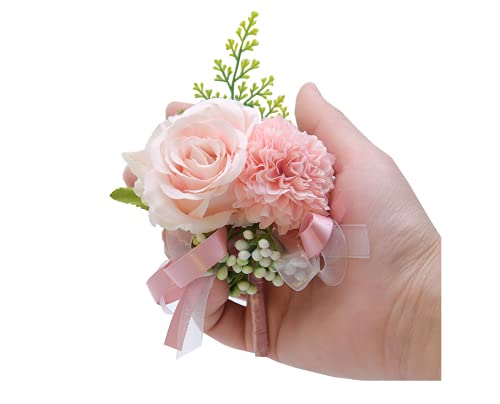 Rikyo 2 Pack Pink Flower Wrist Corsage Boutonniere Set,3" Artificial Rose Carnation Wrist Corsage and Men Boutonniere Set,DIY Silk Flower for Wedding Flowers Accessories Prom Suit Decor - color: Pink