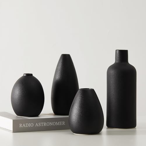 CEMABT Black Ceramic Vase Set - 4 Small Unique Vases for Flowers, Modern Decorative Centerpieces and Home Decor - color: 4set-black