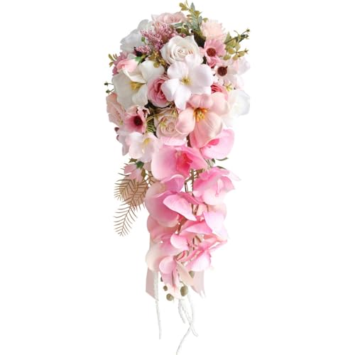 9.8 Inch Cascading Bridal Bouquet Waterfall Cascade Wedding Bouquet Bride with Artificial Rose Phalaenopsis Orchid Flower Beach Tropical Wedding Ceremony Bouquet Hot Pink and Blush Pink - color: Hot Pink & Blush Pink