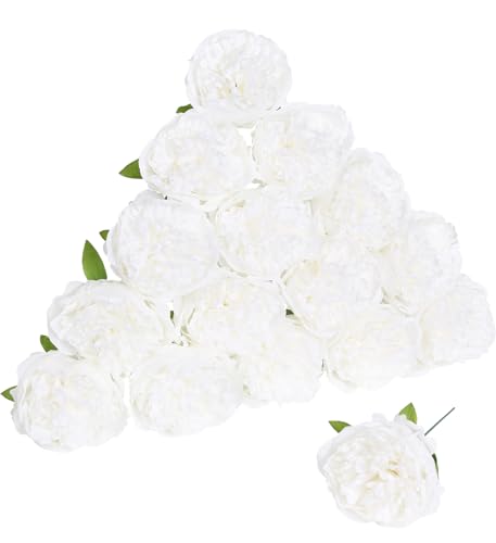 Peony Artificial Flowers 16pcs Fake Peonies Bulk White Silk Flowers Faux Peony Flowers Silk Peonies Heads with Stem Realistic Flowers for Home Wedding Party Festival Decor (Pure White) - color: Pure White
