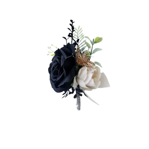 Black Ivory Rose Wedding Boutonniere for Best Men Artificial Rose Flowers Groom Groomsmen Boutonniere for Wedding Party Prom Homecoming Ceremony Anniversary Suit Decorations - color: Black Ivory Boutonniere