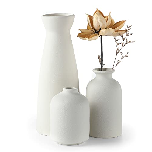 CEMABT White Ceramic vase Set-3 Small Flower vases for Decor,Modern Boho Farmhouse Home Decor,Decorative vase for Pampas Grass&Dried Flowers,idea Shelf,Table,Bookshelf ，Entryway- Distressed - color: 3set-white