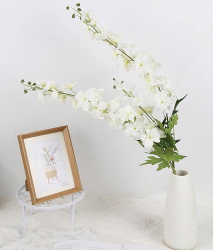 6Pcs White Delphinium Artificial Flowers 37.4’’ Long Stem Larkspur Artificial Flowers Faux Silk Flowers for Tall Vase Table Centerpiece Home Wedding Party Garden Decor(White) - color: White