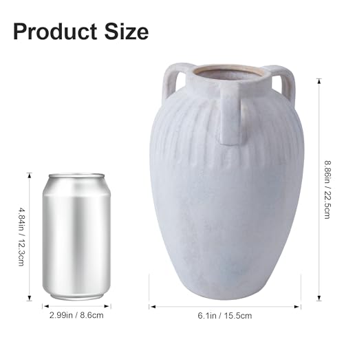 Ceramic Flower Vase with Handles, 8.86 inch Tall Ceramic Vase Home Decor Vintage Terracotta Rustic Vase for Bouquet Pottery Barn Decor Large Vases for Living Room Bathroom Modern Farmhouse, White - color: 8.86 in - White