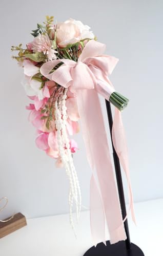 9.8 Inch Cascading Bridal Bouquet Waterfall Cascade Wedding Bouquet Bride with Artificial Rose Phalaenopsis Orchid Flower Beach Tropical Wedding Ceremony Bouquet Hot Pink and Blush Pink - color: Hot Pink & Blush Pink