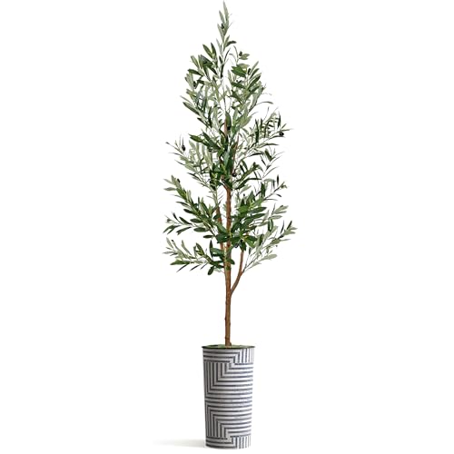 Artificial Tree in Modern Geometric Pattern Planter, Fake Olive Silk Tree for Indoor and Outdoor Home Decoration - 68" Overall Tall (Plant Pot Plus Tree) - style: Olive Tree