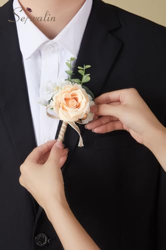 Serwalin 6PCS Champagne Rose Boutonniere for Men Wedding Groom Groomsmen Best Man Boutonniere for Wedding Ceremony Anniversary Prom Flowers Formal Dinner Party - color: Champagne, size: Boutonniere 6pcs