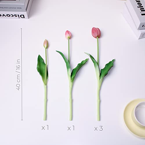 16-inch Premium Real Touch Fake Tulips, Artificial Flowers with Buds, Flexible Stem Easy to Shape, Faux Tulips (Vase not Included), 5-Pack Set of Tender Mauve - color: Tender Mauve