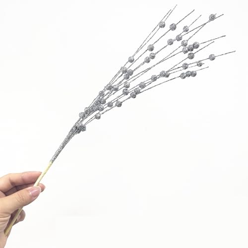 Artificial Berries Stems Ornaments 17 Inch, Sparkling Christmas Tree Picks, Glittery Berry Stems Fake Plant Picks and Branches for Xmas Wreath Ornaments Holiday Home DIY Decor - Silver 10 Pack - color: Glitter Berries Stems Sticks - Silver 10 Pcs