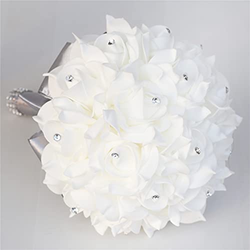 Yoanshop Wedding Bouquets for Brides or Bridesmaids Crystal Silk Roses Bridal Bridesmaid Wedding Hand Bouquet Artificial Fake Flowers (Light Grey) - color: Light Grey