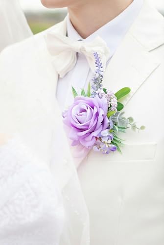 Purple Corsage and Boutonniere Set, Corsage Wristlet for Women and Boutonniere for Wedding Prom Homecoming, Artificial Rose Flowers Boutonniere and Wrist Corsage - color: Purple