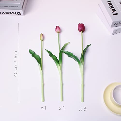 16-inch Premium Real Touch Fake Tulips, Artificial Flowers with Buds, Flexible Stem Easy to Shape, Faux Tulips (Vase not Included), 5-Pack Set of Royal Purple - color: Royal Purple