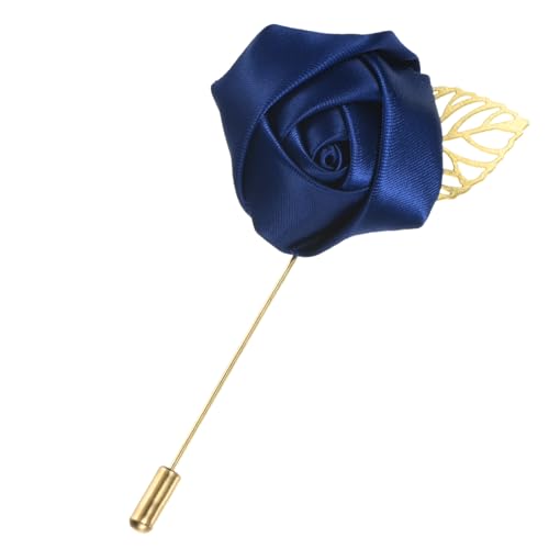 M METERXITY 1-Pack Flower Lapel Pins for Men, Golden Leaf Rose Boutonnieres Pin Groom Boutonnieres for Wedding/Dance/Party, Men Lapel Pins for Suits Satin Flower Corsage [Navy Blue] - color: Navy Blue