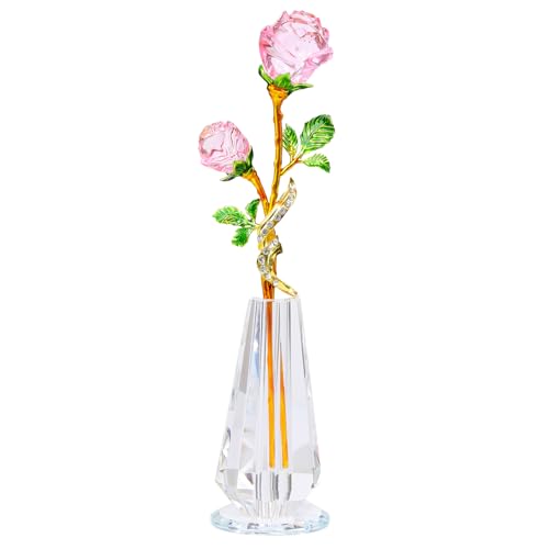 Arikyrist Pink Rose Flower Crystal Figurine with Vase, Handmade Bouquet Glass Flowers Ornament Rose Gifts for Women Mom Wife, Crystal Flower Home Decor for Valentine Mother's Day Wedding - color: Pink 1