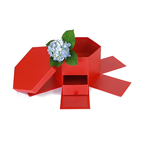 USA-SALES UNIKPACKAGING Premium Quality Hexagon Shape Flower Gift Box, w Drawer, Size 9.5″ x 8.3″ x 6.1″ inch, for Luxury Style Flower Arrangements (Red) - color: Red