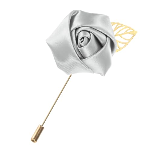 M METERXITY 1-Pack Flower Lapel Pins for Men, Golden Leaf Rose Boutonnieres Pin Groom Boutonnieres for Wedding/Dance/Party, Men Lapel Pins for Suits Satin Flower Corsage [Silver Gray] - color: Silver Gray