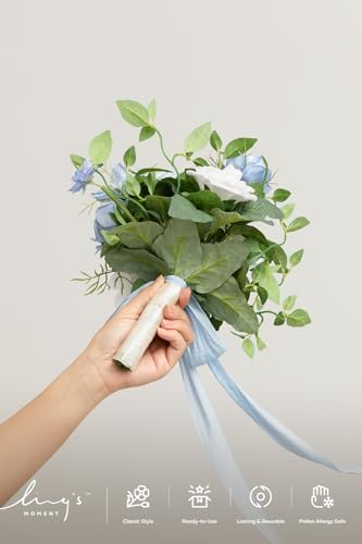 Ling's moment Blue Artificial Wedding Flower Bouquets for Bridesmaids White Floral Bouquet Dusty Blue Bridal Bouquets for Bridesmaids with Ribbon Ceremony Anniversary,7-inch Diameter - color: Blu-posy-dusty Blue & Navy