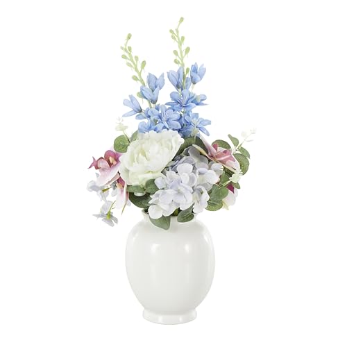 Deco 79 Fabric Artificial Flower with Green Leaves and Round Ceramic Vase, 10" x 10" x 18", White - color: White, size: 10" x 10" x 18"