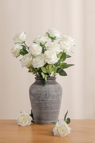 Luyue 10PCS Artificial Roses Flower with Stems Slik Fake Flowers Bouquet Realistic Long Stem Faux Rose for Wedding Home Decor - color: White