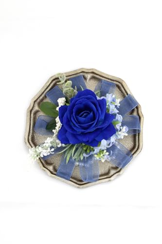 Royal Blue Corsage and Boutonniere Set, Corsage Wristlet for Women and Boutonniere for Wedding Prom Homecoming, Artificial Rose Flowers Boutonniere and Wrist Corsage - color: Royal Blue