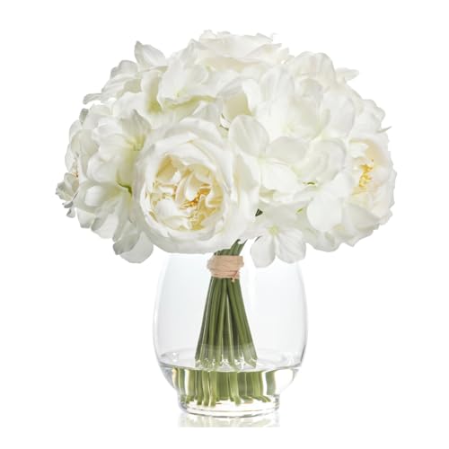 WELL KNOWN Artificial Austin Roses and Hydrangea Petals, 11.5" H Silk Roses Flower Bouquet with Fake Water in Glass Vase, Faux Peony for Home Decor, Table Decor, Weddings, Gift (White) - color: White